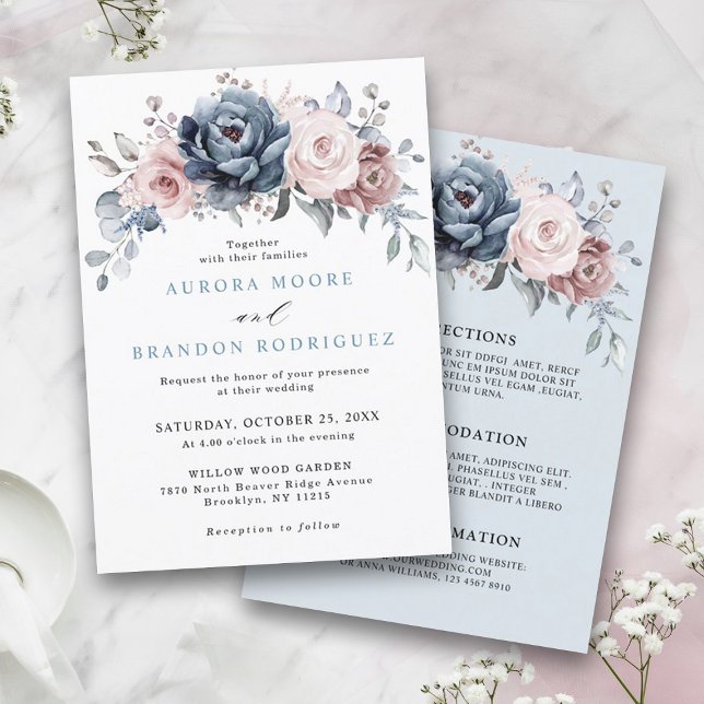 Dusty Blue Mauve Rose Pink Slate Floral Wedding Invitation (Dusty blue mauve rose pink floral wedding invitation with details on back)