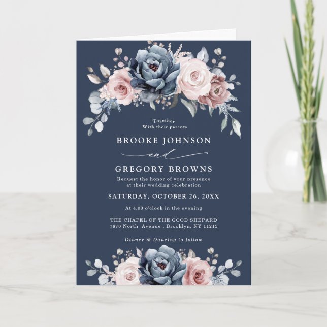 Dusty Blue Mauve Rose Pink Slate Floral Wedding    Invitation (Front)