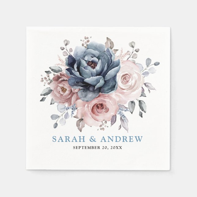Dusty Blue Mauve Rose Pink Slate Floral Wedding  Napkin (Front)