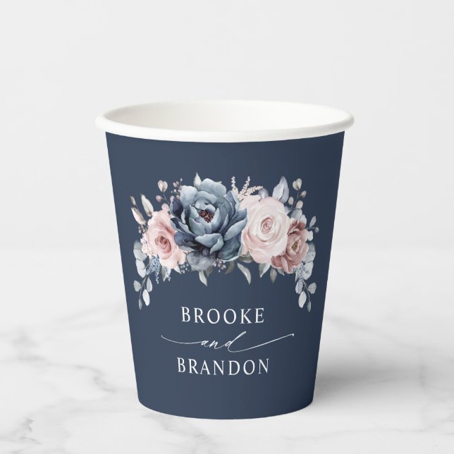 Dusty Blue Mauve Rose Pink Slate Floral Wedding  P Paper Cups (Front)