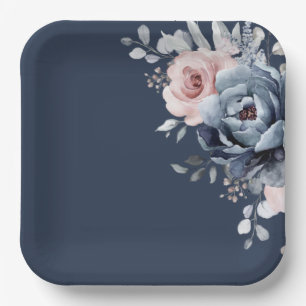Dusty Blue Mauve Rose Pink Slate Floral Wedding P Paper Plate