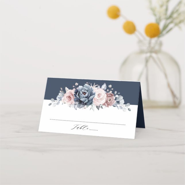 Dusty Blue Mauve Rose Pink Slate Floral Wedding  P Place Card (Front)