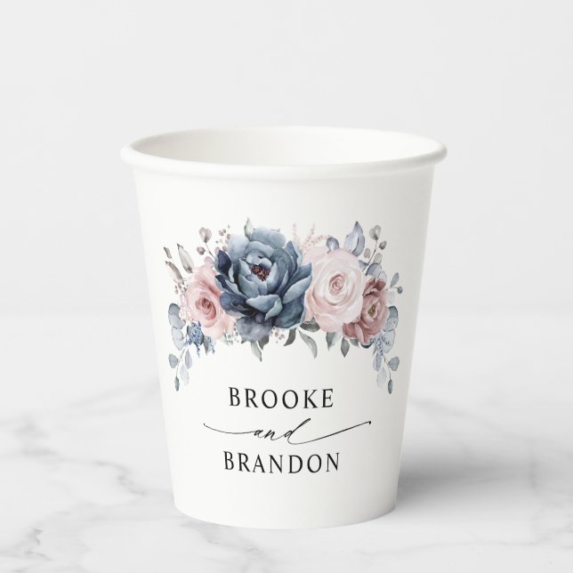 Dusty Blue Mauve Rose Pink Slate Floral Wedding  Paper Cups (Front)