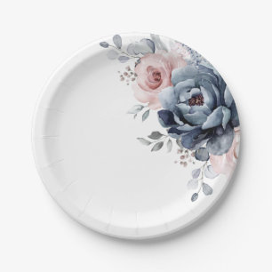 Dusty Blue Mauve Rose Pink Slate Floral Wedding Paper Plate