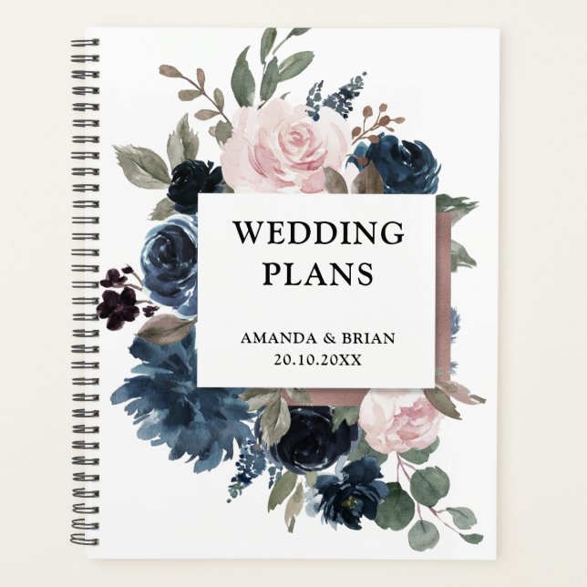 Dusty Blue Mauve Rose Pink Slate Floral Wedding  Planner (Front)