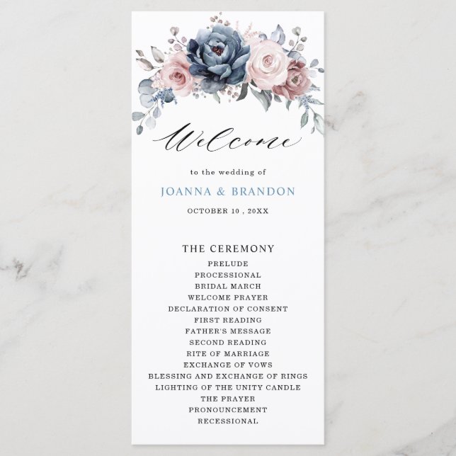 Dusty Blue Mauve Rose Pink Slate Floral Wedding Program (Front)