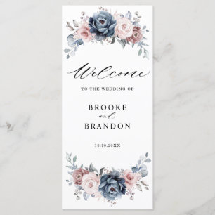 Dusty Blue Mauve Rose Pink Slate Floral Wedding Program