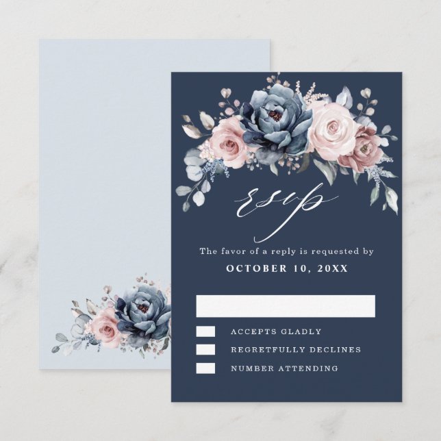 Dusty Blue Mauve Rose Pink Slate Floral Wedding RS RSVP Card (Front/Back)
