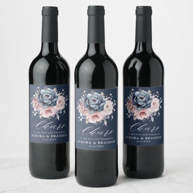 Dusty Blue Mauve Rose Pink Slate Floral Wedding  W Wine Label (Bottles)