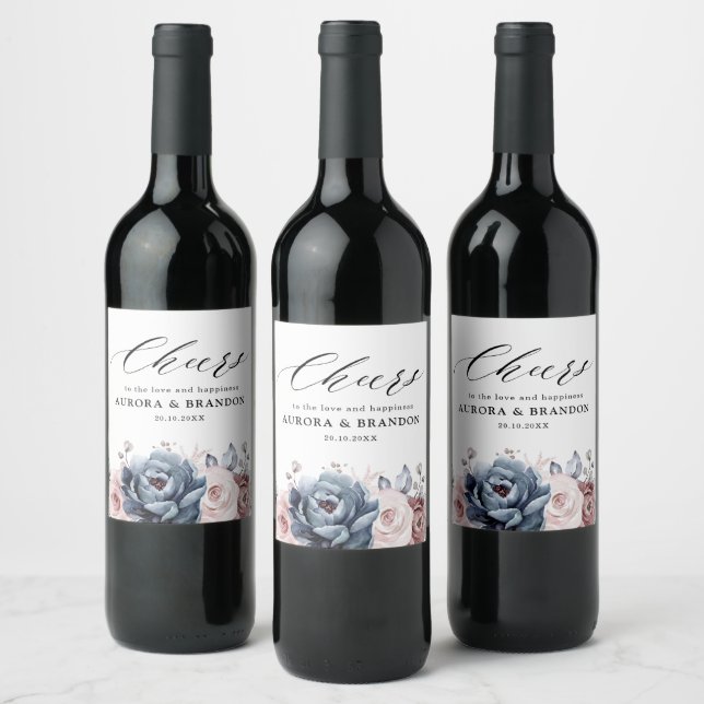 Dusty Blue Mauve Rose Pink Slate Floral Wedding  Wine Label (Bottles)