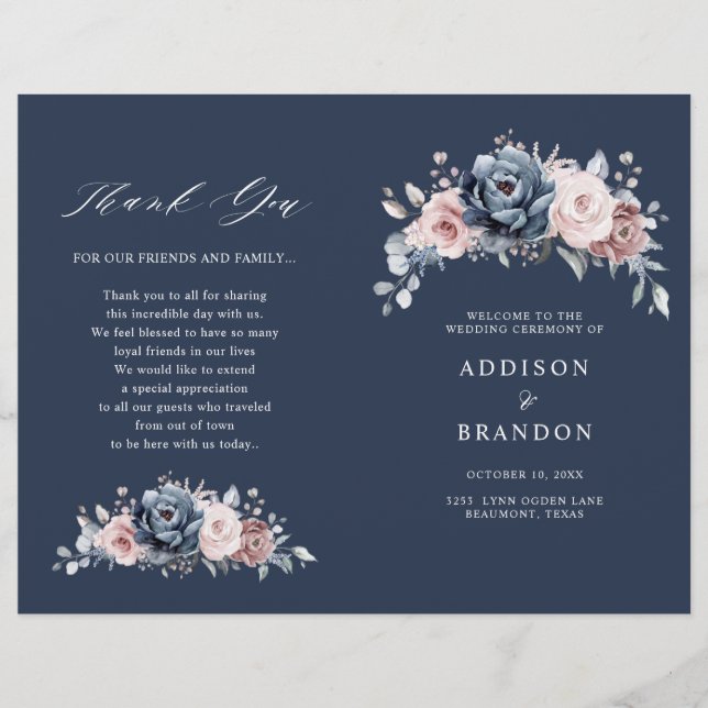 Dusty Blue Mauve Rose Pink Slate Mariage Programme (Devant)