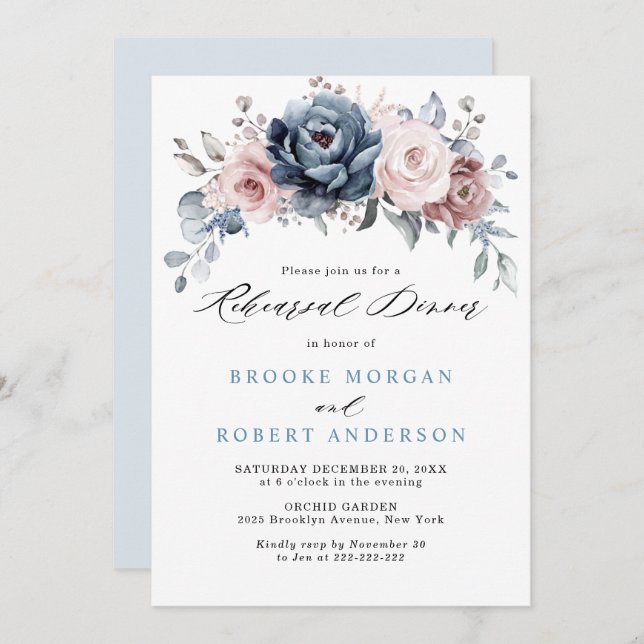 Dusty Blue Mauve Rose Pink Slate Rehearsal Dinner Invitation (Front/Back)