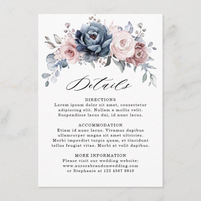 Dusty Blue Mauve Rose Pink Slate Wedding Details Enclosure Card (Front)