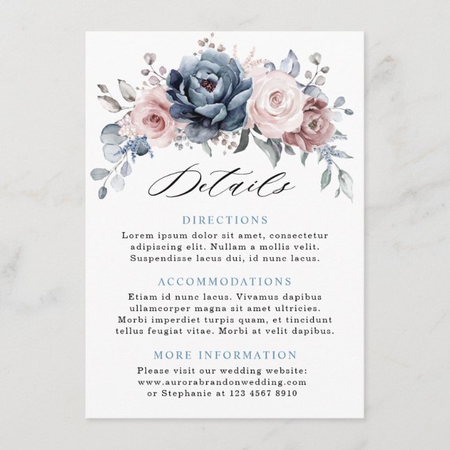 Dusty Blue Mauve Rose Pink Slate Wedding Details Enclosure Card (Front)