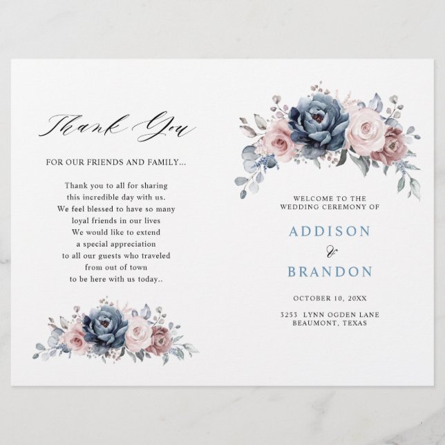 Dusty Blue Mauve Rose Pink Slate Wedding Progam (Front)