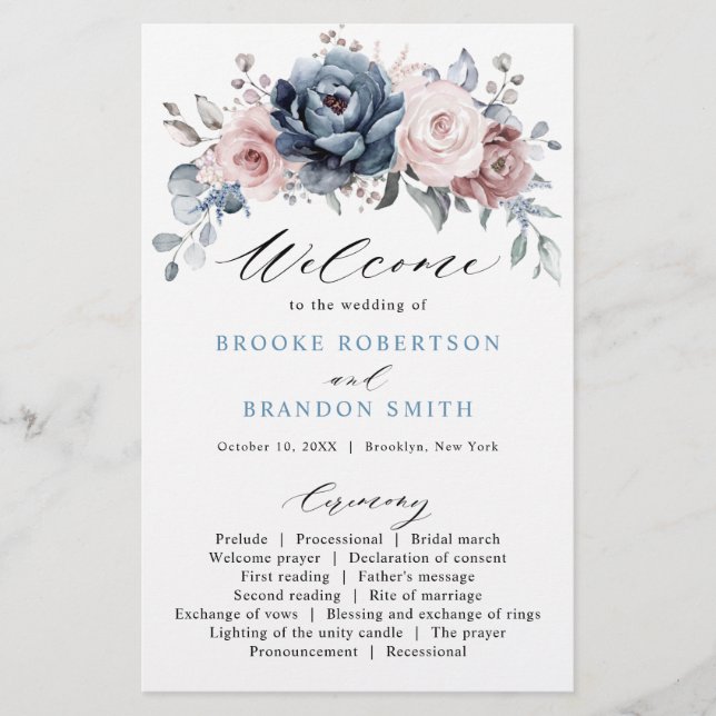 Dusty Blue Mauve Rose Pink Slate Wedding Program (Front)