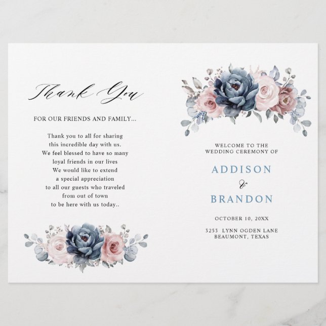 Dusty Blue Mauve Rose Pink Slate Wedding Program (Front)