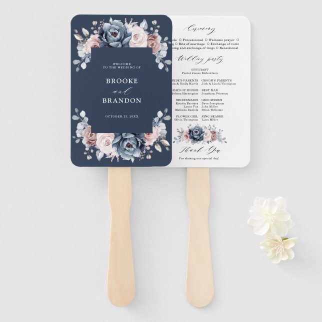 Dusty Blue Mauve Rose Pink Slate Wedding Program   Hand Fan (Front and Back)