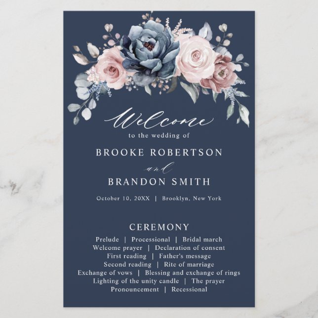 Dusty Blue Mauve Rose Pink Slate Wedding Programme (Devant)