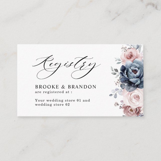 Dusty Blue Mauve Rose Pink Slate Wedding Registry Enclosure Card (Front)