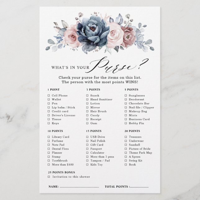 Dusty Blue Mauve Rose  Slate  Bridal Shower Game   (Front)