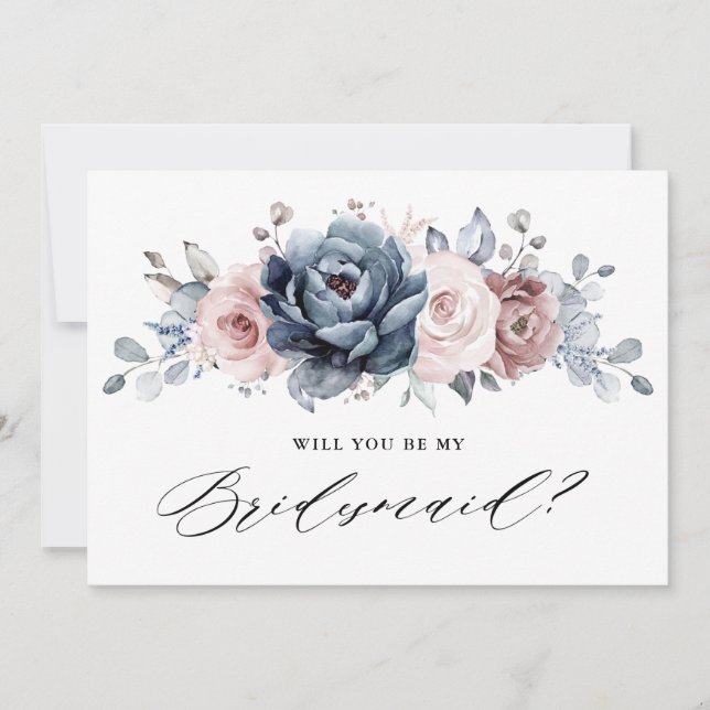 Dusty Blue Mauve Rose Slate Bridesmaids Proposal Invitation (Front)