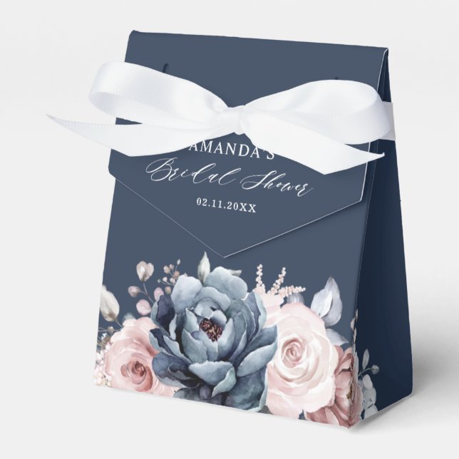 Dusty Blue Mauve Rose Slate Floral Bridal Shower F Favor Box (Front Side)