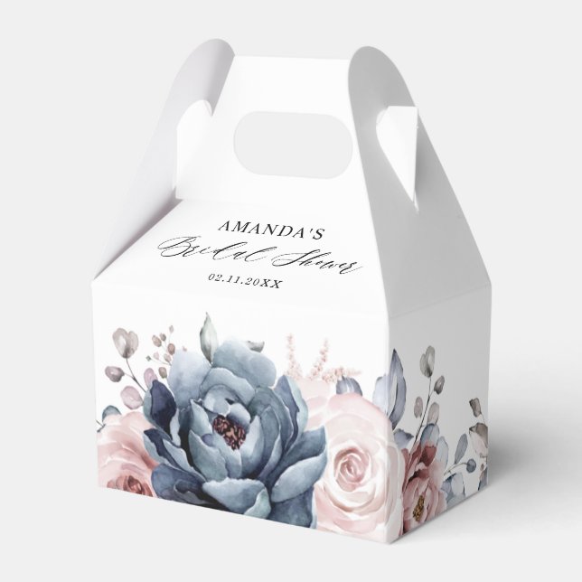 Dusty Blue Mauve Rose  Slate Floral Bridal Shower Favor Box (Back Side)