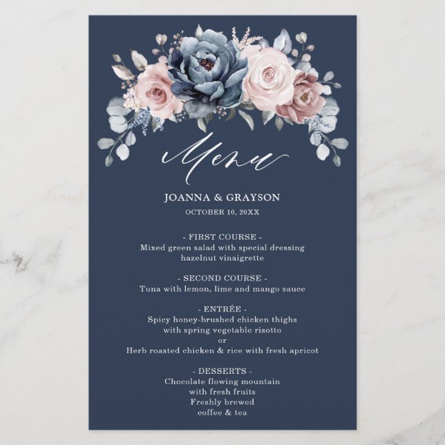 Dusty Blue Mauve Rose Slate Floral Wedding Menu (Front)