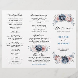 Dusty Blue Mauve Rose  Wedding Tri-Fold Program 