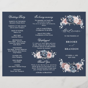 Dusty Blue Mauve Rose  Wedding Tri-Fold Program 