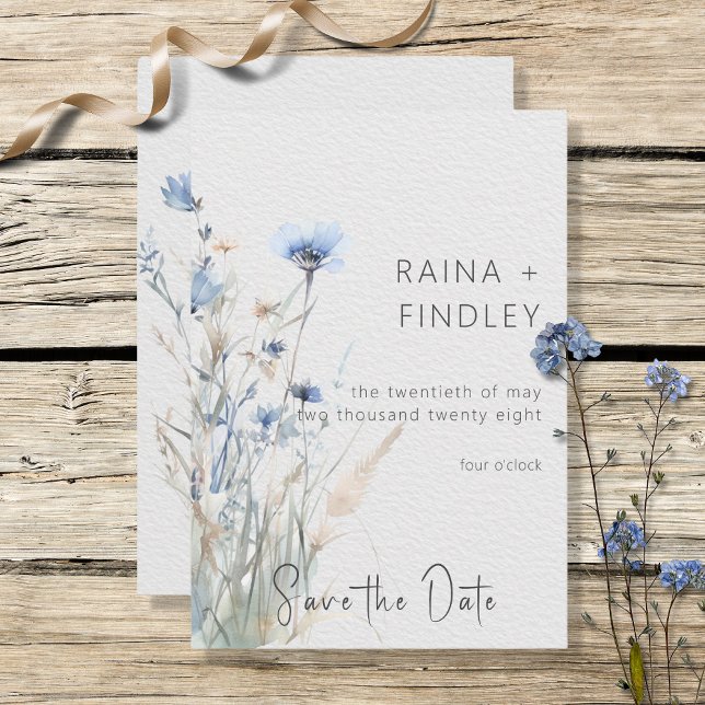 Dusty Blue Meadow Wildflowers Modern Wedding Save The Date (Creator Uploaded)