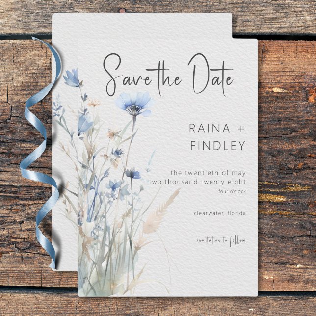 Dusty Blue Meadow Wildflowers Modern Wedding Save The Date (Dusty Blue Meadow Wildflowers Modern Wedding Save The Date)