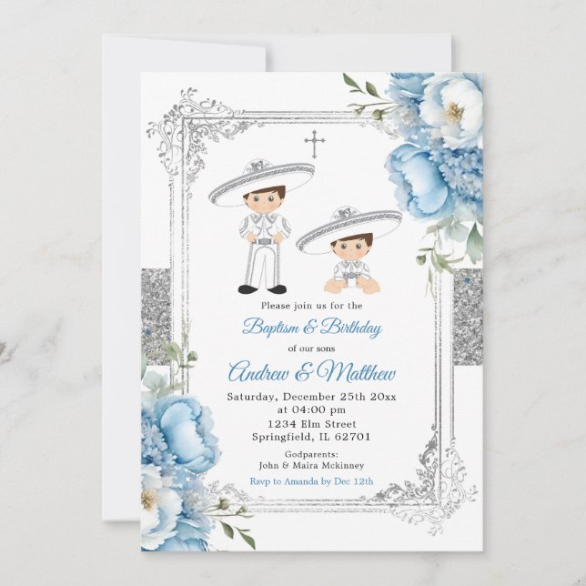 Dusty Blue Mexican Siblings Boys Baptism Birthday Invitation (Front)