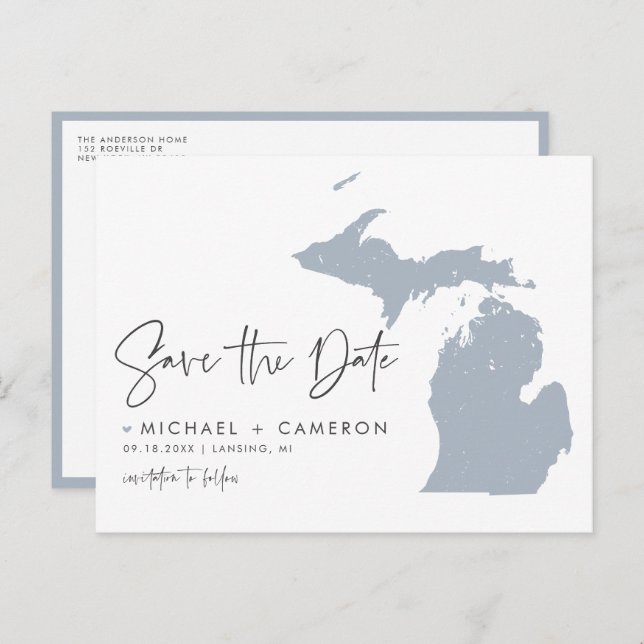 Dusty Blue Michigan Map QR Code Save the Date Announcement Postcard (Front/Back)