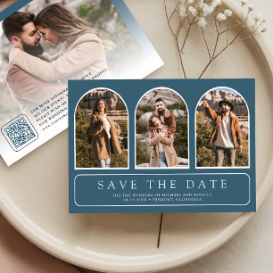 Dusty Blue Minimal Arch Photo QR Code Wedding Save The Date