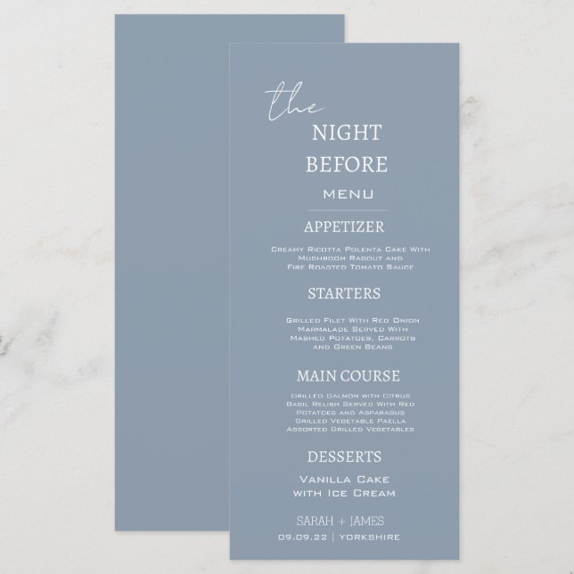 Dusty Blue Minimal Dinner The Night Before  Menu (Front/Back)