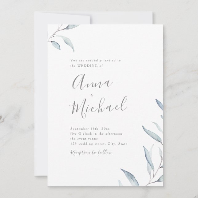 Dusty blue minimal greenery wedding invitation (Front)
