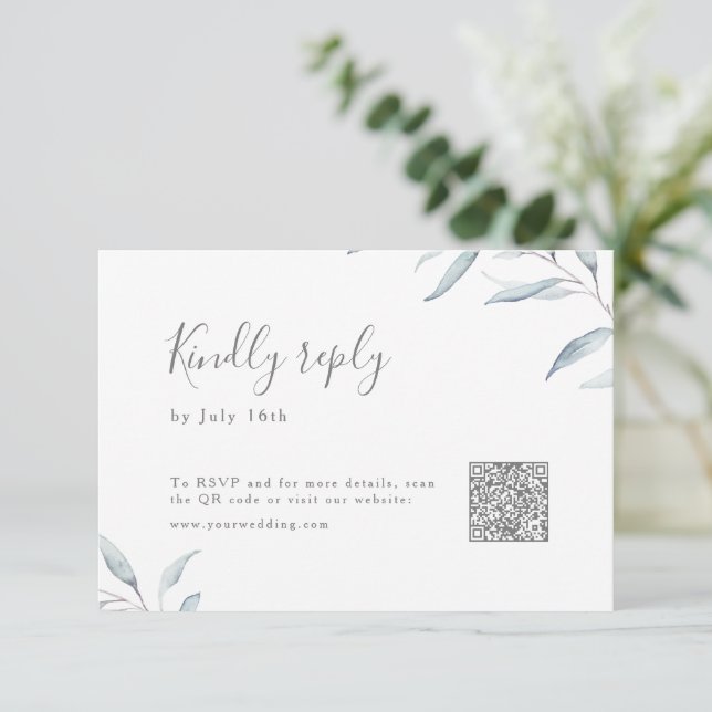 Dusty blue minimal greenery wedding QR code RSVP Card (Standing Front)
