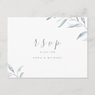 Dusty blue minimal greenery wedding RSVP Invitation Postcard