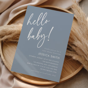 Dusty Blue Minimal Hello Baby Shower Invitation