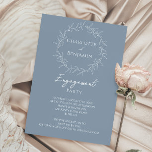 Dusty Blue Minimal Leaf Engagement Party Invitation