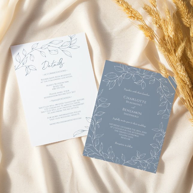 Dusty Blue Minimal Leaf Wedding Details All in One Invitation (Creator Uploaded)