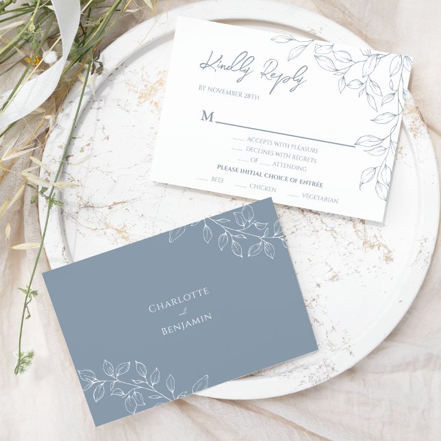 Dusty Blue Minimal Leaf Wedding Entree RSVP Card (Creator Uploaded)
