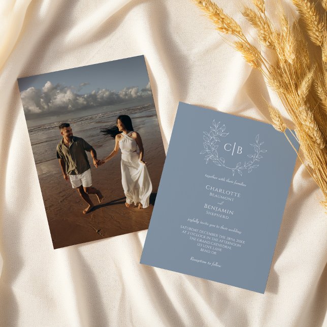 Dusty Blue Minimal Leaf Wedding Monogram Photo Invitation (Creator Uploaded)