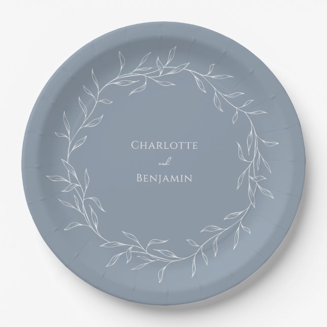 Dusty Blue Minimal Leaf Wedding Paper Plate (Front)