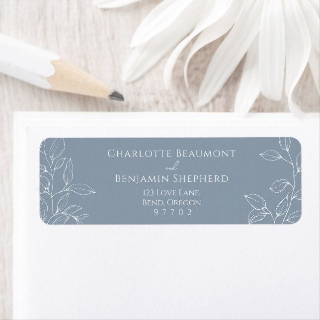 Dusty Blue Minimal Leaf Wedding Return Address (Insitu)