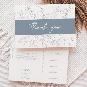 Dusty Blue Minimal Leaf Wedding Thank You Postcard