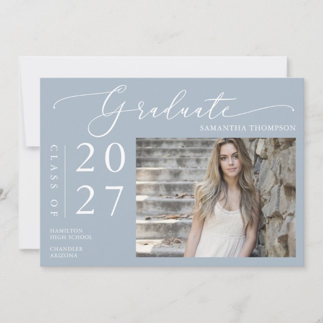 Dusty Blue Minimal Script School Graduation Photo Invitation (Front)