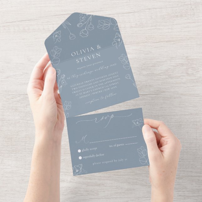 Dusty Blue Minimal Wedding  All In One Invitation (Tearaway)